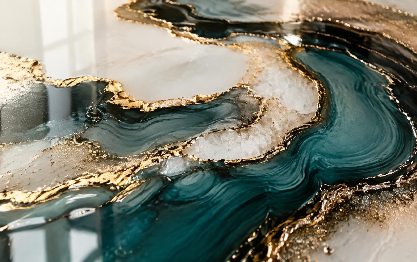 Obra contemporánea de resina con vetas turquesa y doradas